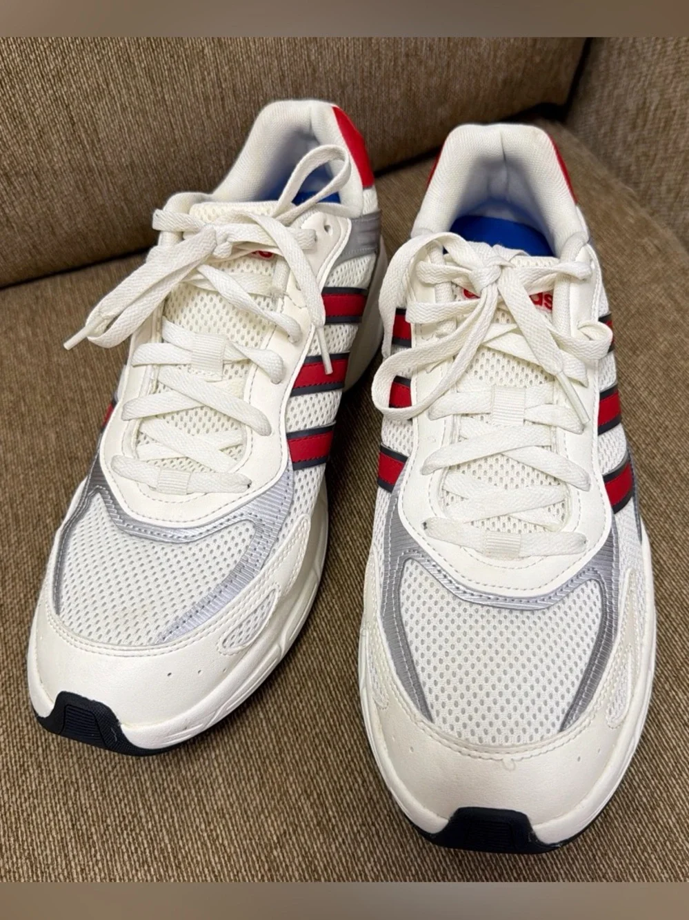 adidas White Sneakers with Red and Gray Stripe Accents - Men size 11
